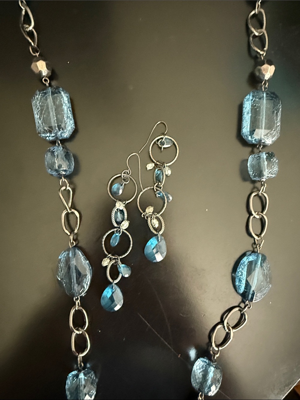 Blue Crystal Bead Necklace with Matching Drop Earrings